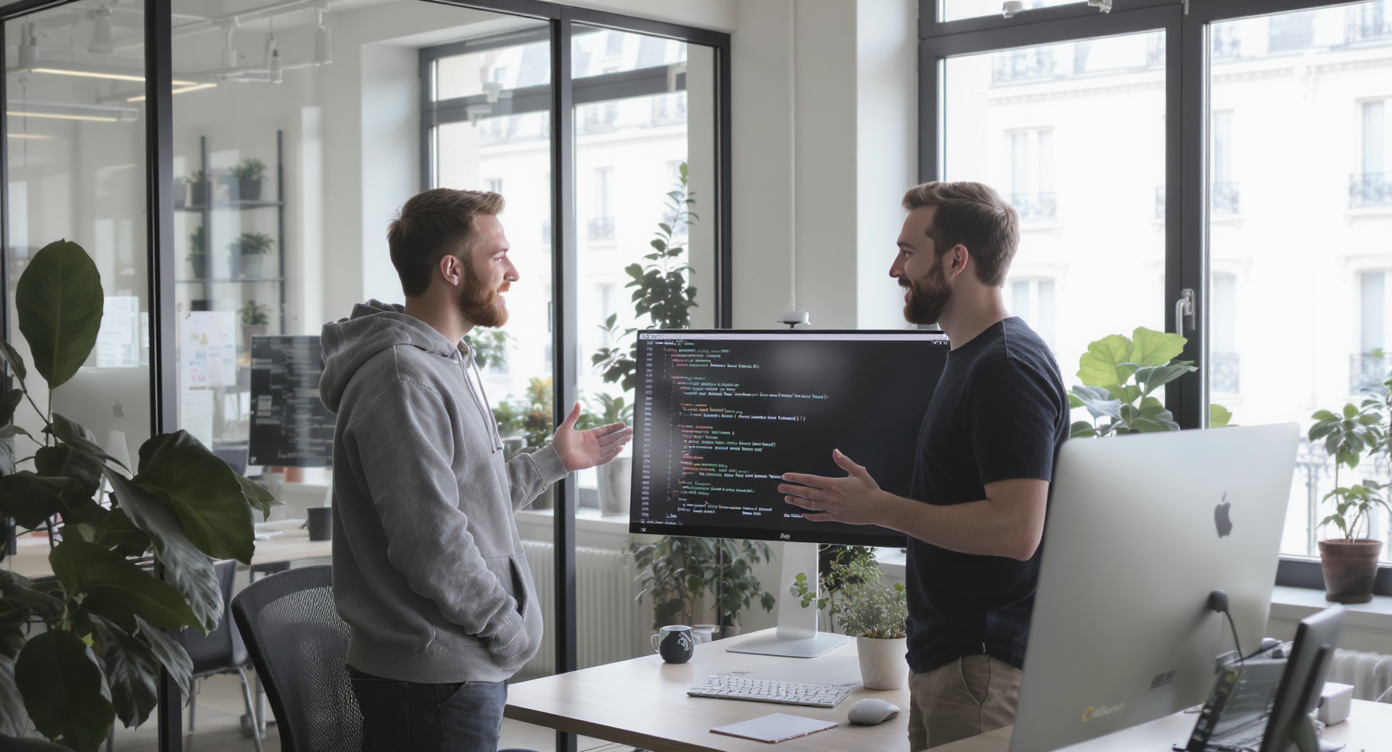 Équipe au travail autour d'un flux opérationnel assisté par IA